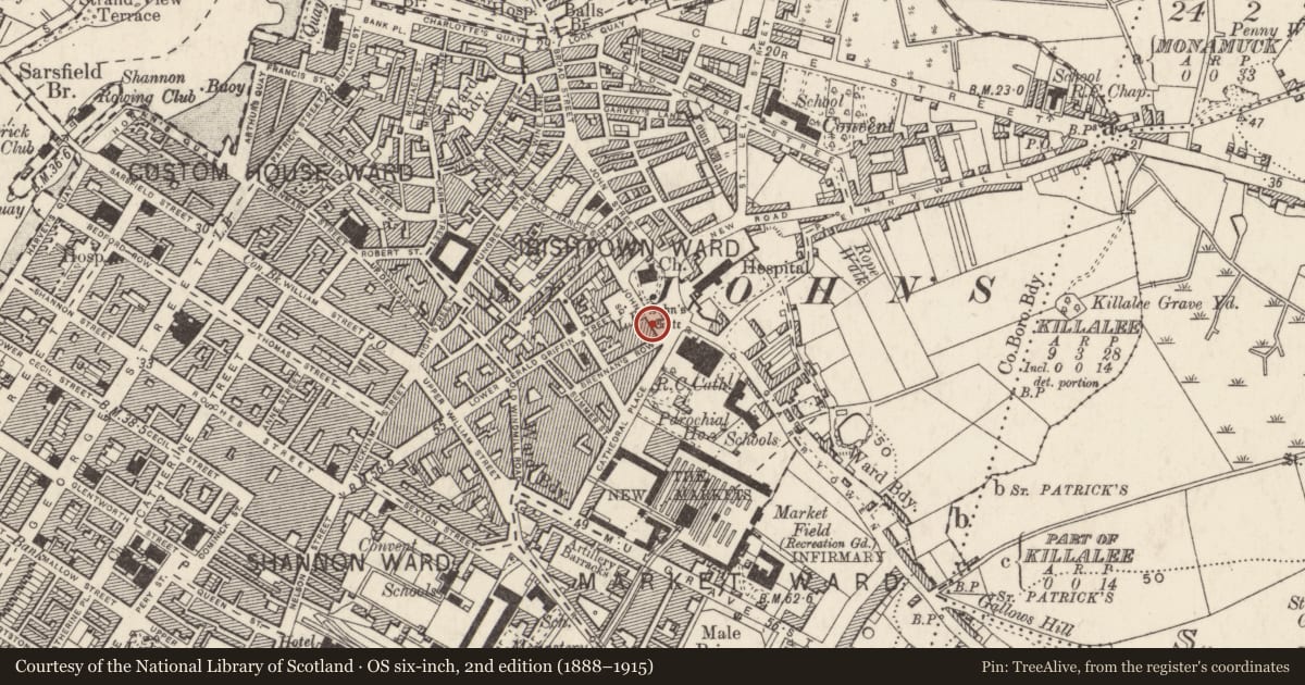 Ordnance Survey six-inch map, 2nd edition (1888–1915) covering the location of Excavation - miscellaneous, Irishtown, Limerick City, County Limerick, with a pin at the register's coordinates