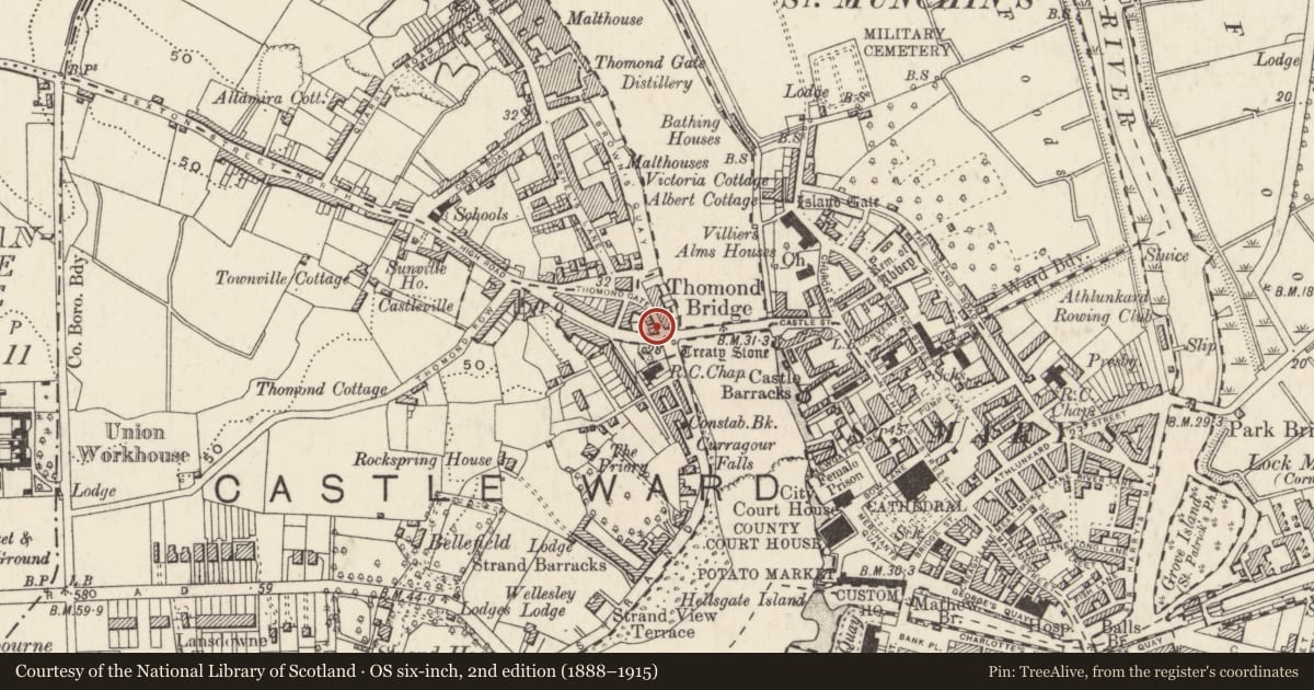 Ordnance Survey six-inch map, 2nd edition (1888–1915) covering the location of Bastioned fort, County Limerick, with a pin at the register's coordinates