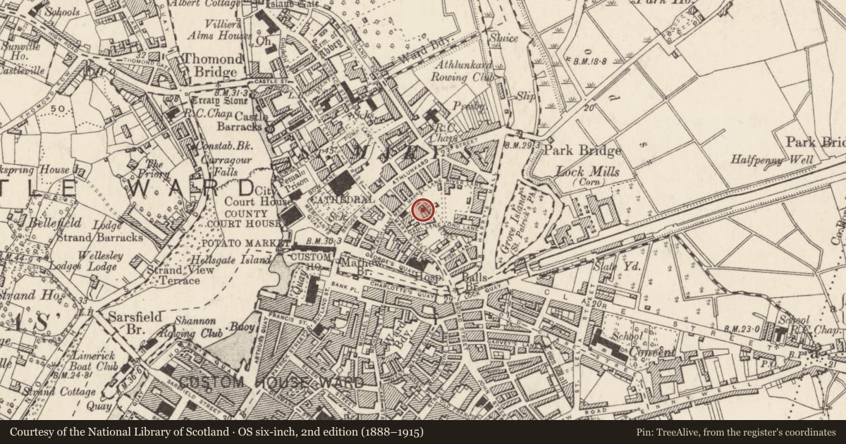 Ordnance Survey six-inch map, 2nd edition (1888–1915) covering the location of Building, Englishtown, Limerick City, County Limerick, with a pin at the register's coordinates