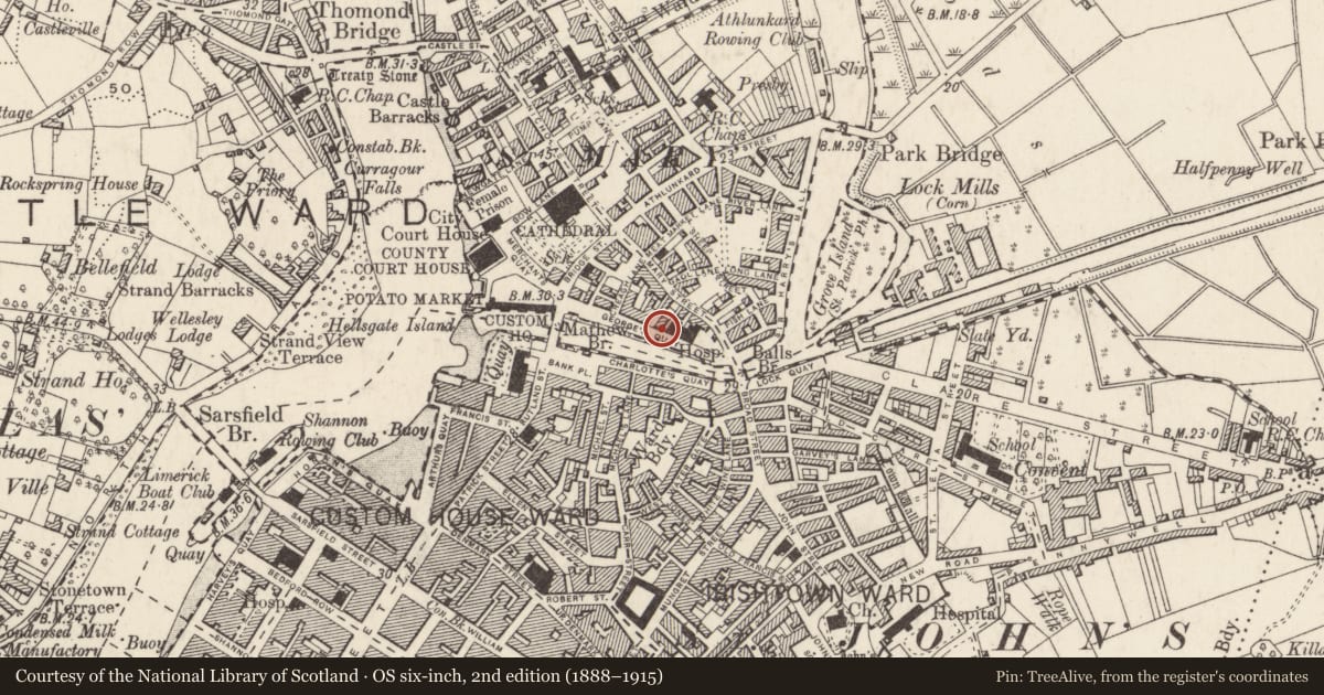 Ordnance Survey six-inch map, 2nd edition (1888–1915) covering the location of Excavation - miscellaneous, Limerick City, County Limerick, with a pin at the register's coordinates