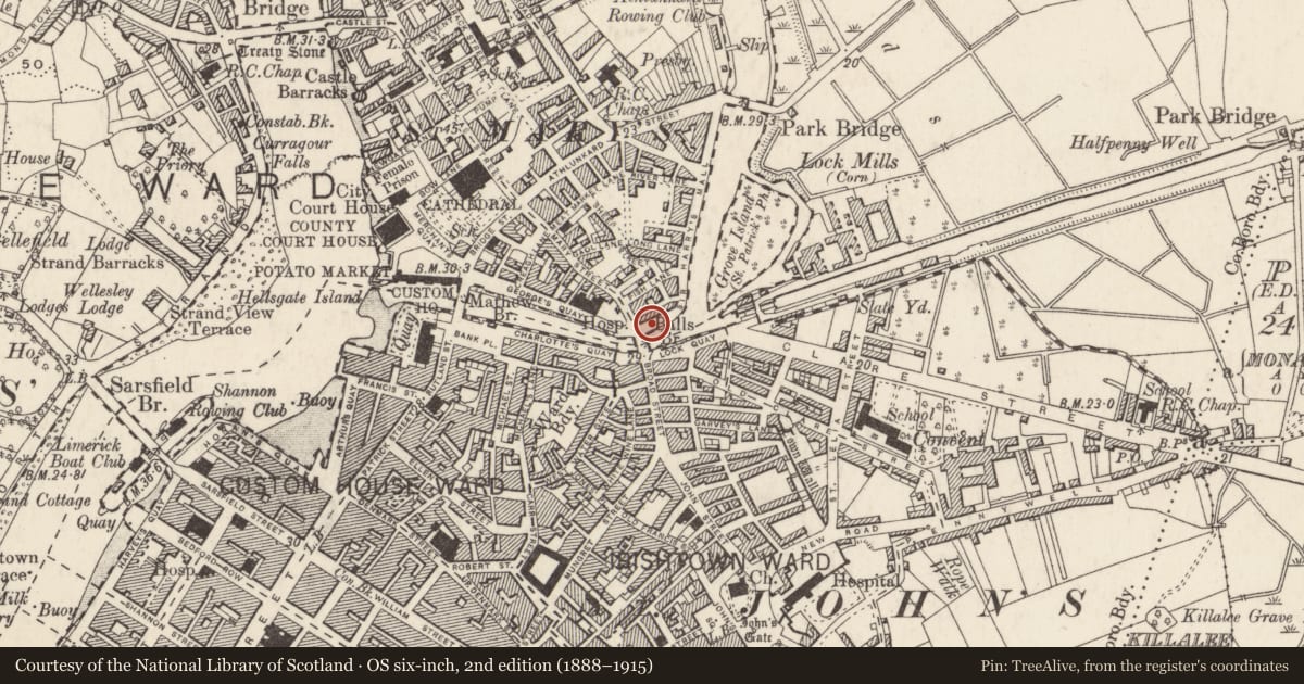 Ordnance Survey six-inch map, 2nd edition (1888–1915) covering the location of Excavation - miscellaneous, Englishtown, Limerick City, County Limerick, with a pin at the register's coordinates