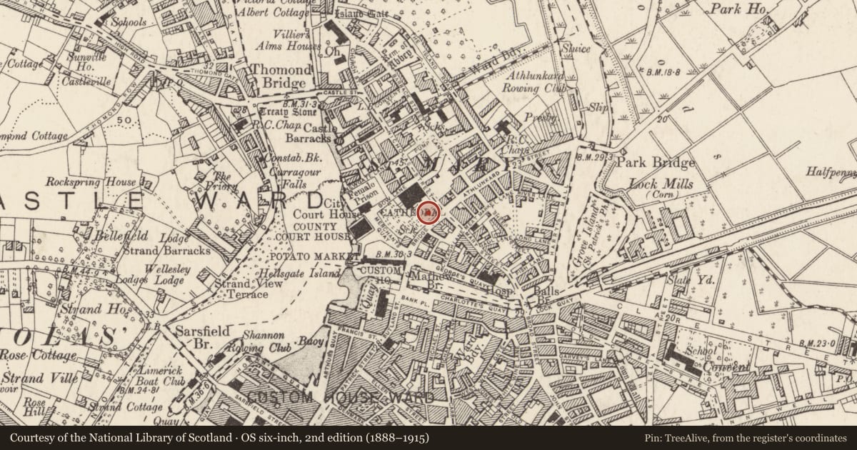 Ordnance Survey six-inch map, 2nd edition (1888–1915) covering the location of Cross - Market cross, Limerick City, Englishtown, County Limerick, with a pin at the register's coordinates