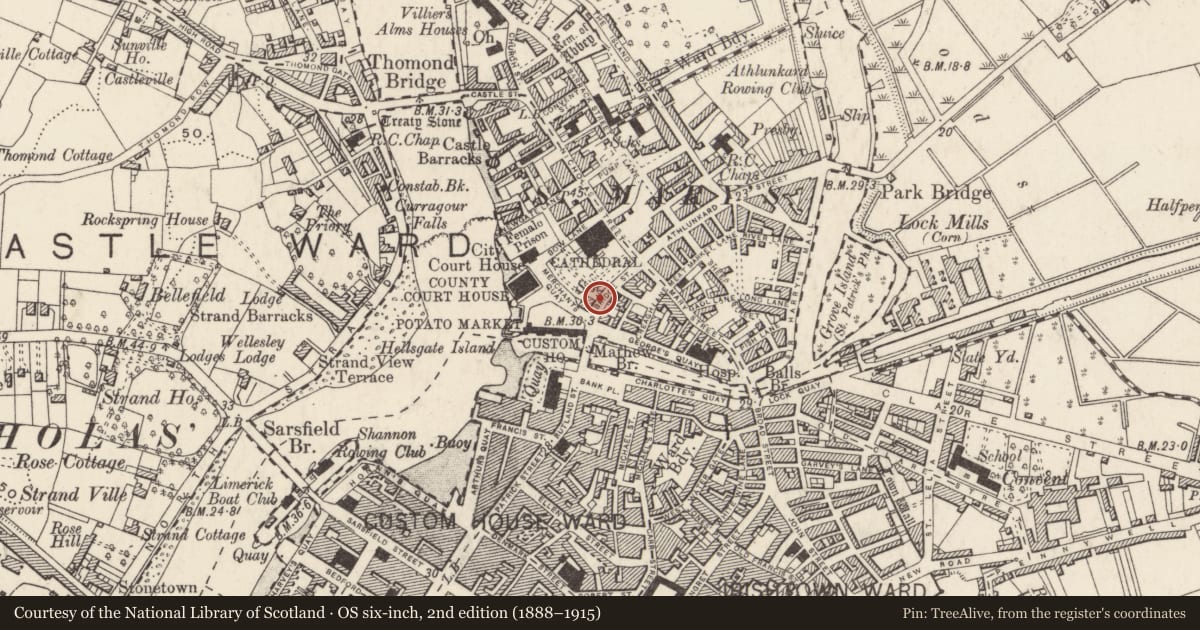 Ordnance Survey six-inch map, 2nd edition (1888–1915) covering the location of Religious house - Knights Hospitallers, Englishtown, Limerick City, County Limerick, with a pin at the register's coordinates