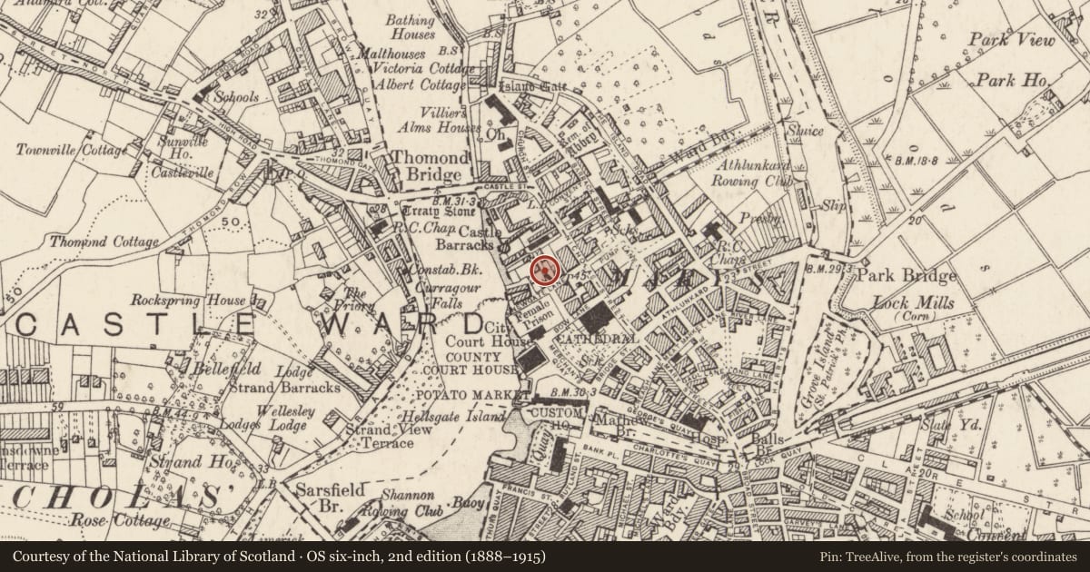 Ordnance Survey six-inch map, 2nd edition (1888–1915) covering the location of House - medieval, Englishtown, Limerick City, County Limerick, with a pin at the register's coordinates