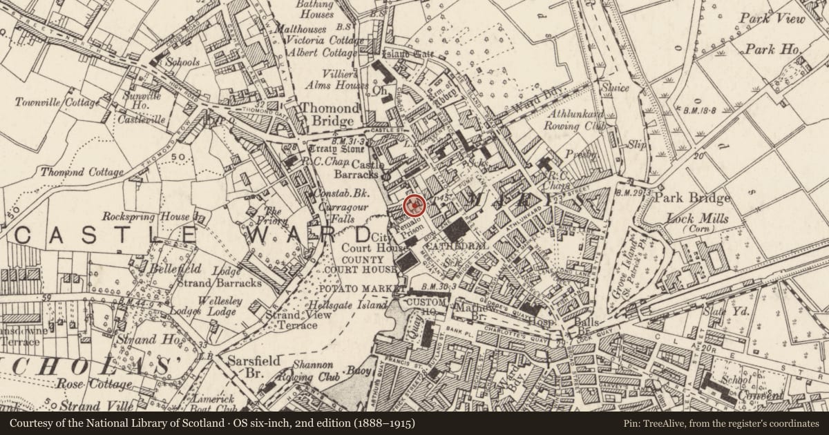 Ordnance Survey six-inch map, 2nd edition (1888–1915) covering the location of House - medieval, Englishtown, Limerick City, County Limerick, with a pin at the register's coordinates