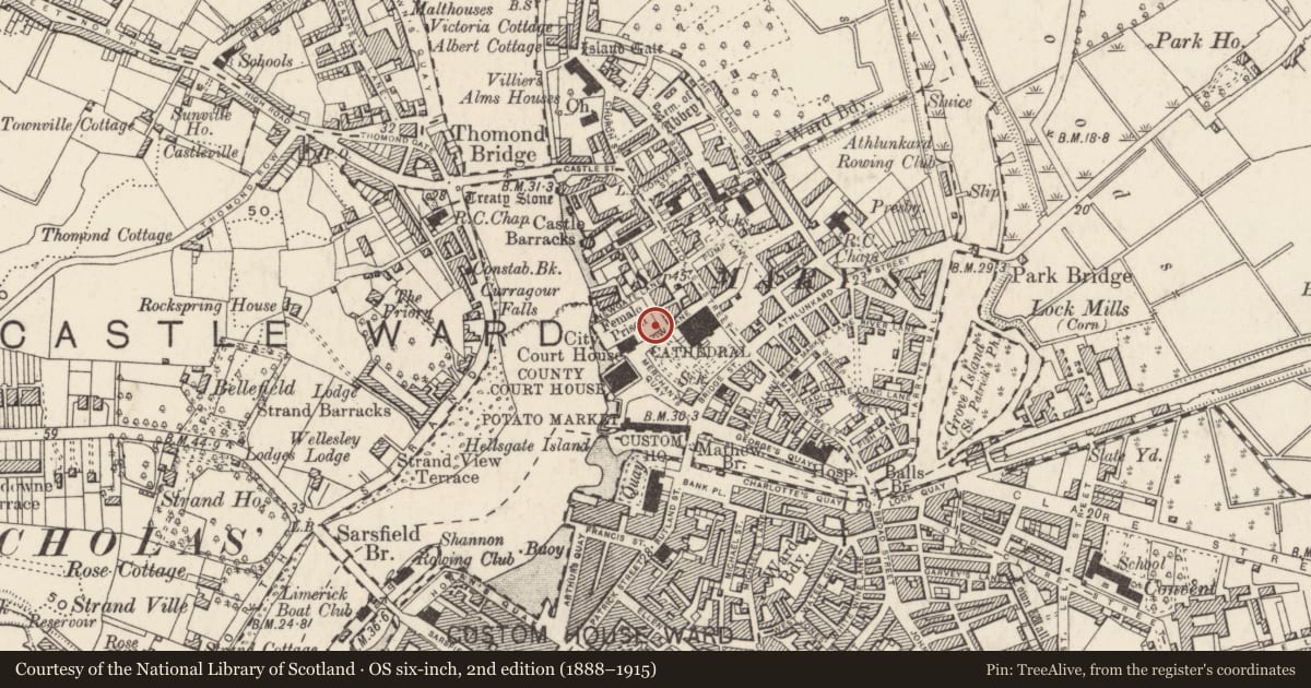 Ordnance Survey six-inch map, 2nd edition (1888–1915) covering the location of House - medieval, Englishtown, Limerick City, County Limerick, with a pin at the register's coordinates
