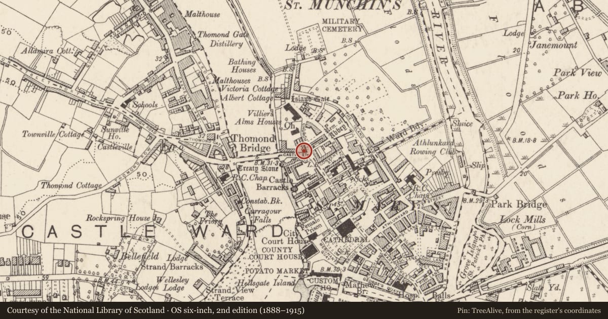 Ordnance Survey six-inch map, 2nd edition (1888–1915) covering the location of Armorial plaque (present location), Limerick City, County Limerick, with a pin at the register's coordinates