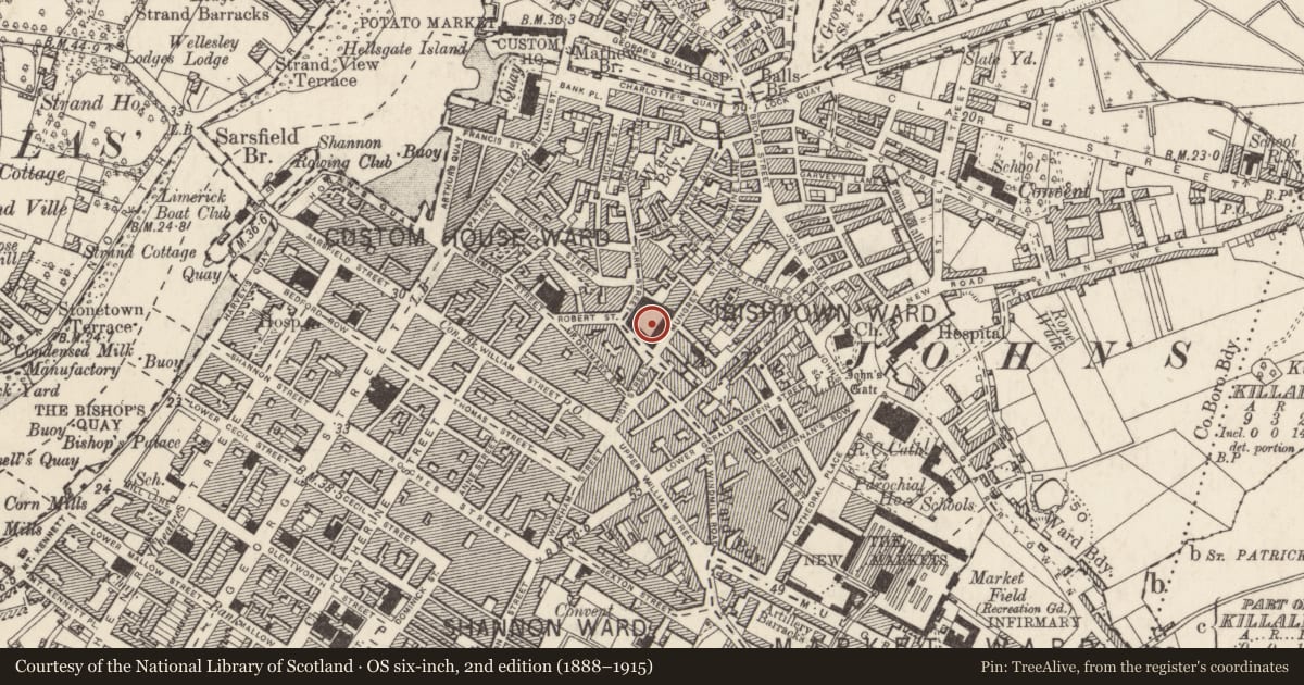 Ordnance Survey six-inch map, 2nd edition (1888–1915) covering the location of Excavation - miscellaneous, Englishtown, Limerick City, County Limerick, with a pin at the register's coordinates