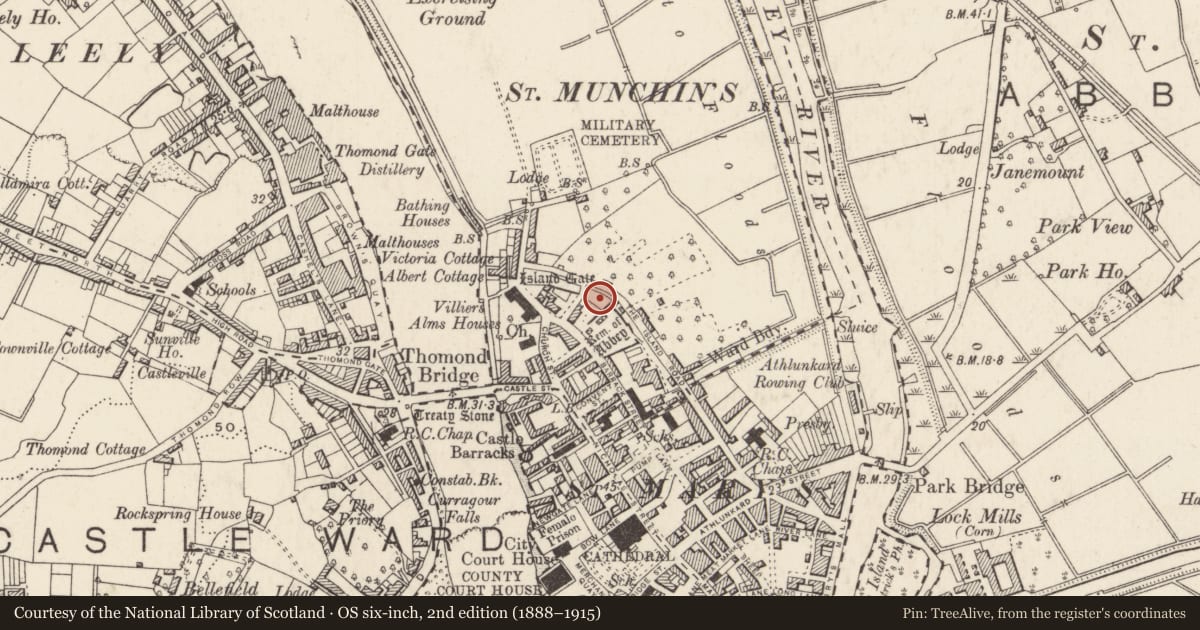 Ordnance Survey six-inch map, 2nd edition (1888–1915) covering the location of Excavation - miscellaneous, Limerick City, King'S Island, County Limerick, with a pin at the register's coordinates