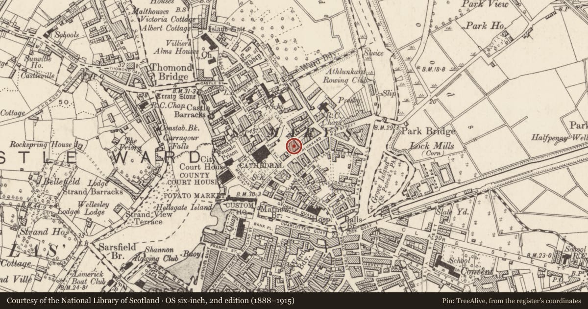 Ordnance Survey six-inch map, 2nd edition (1888–1915) covering the location of Excavation - miscellaneous, Englishtown, Limerick City, County Limerick, with a pin at the register's coordinates