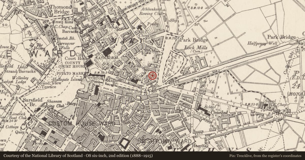 Ordnance Survey six-inch map, 2nd edition (1888–1915) covering the location of Excavation - miscellaneous, Limerick City, Saint Francis Abbey, County Limerick, with a pin at the register's coordinates