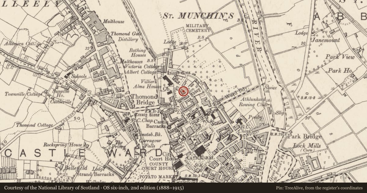 Ordnance Survey six-inch map, 2nd edition (1888–1915) covering the location of Excavation - miscellaneous, Limerick City, King'S Island, County Limerick, with a pin at the register's coordinates