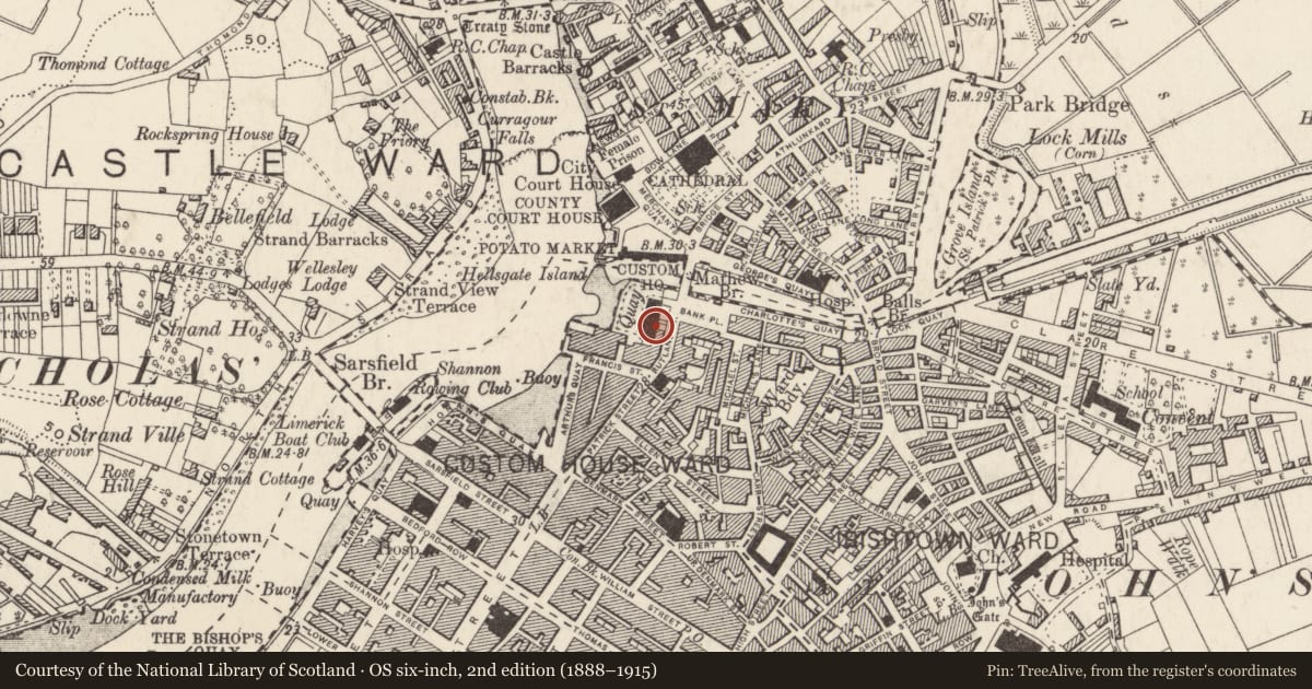 Ordnance Survey six-inch map, 2nd edition (1888–1915) covering the location of Sheela-na-gig (present location), Limerick City, County Limerick, with a pin at the register's coordinates