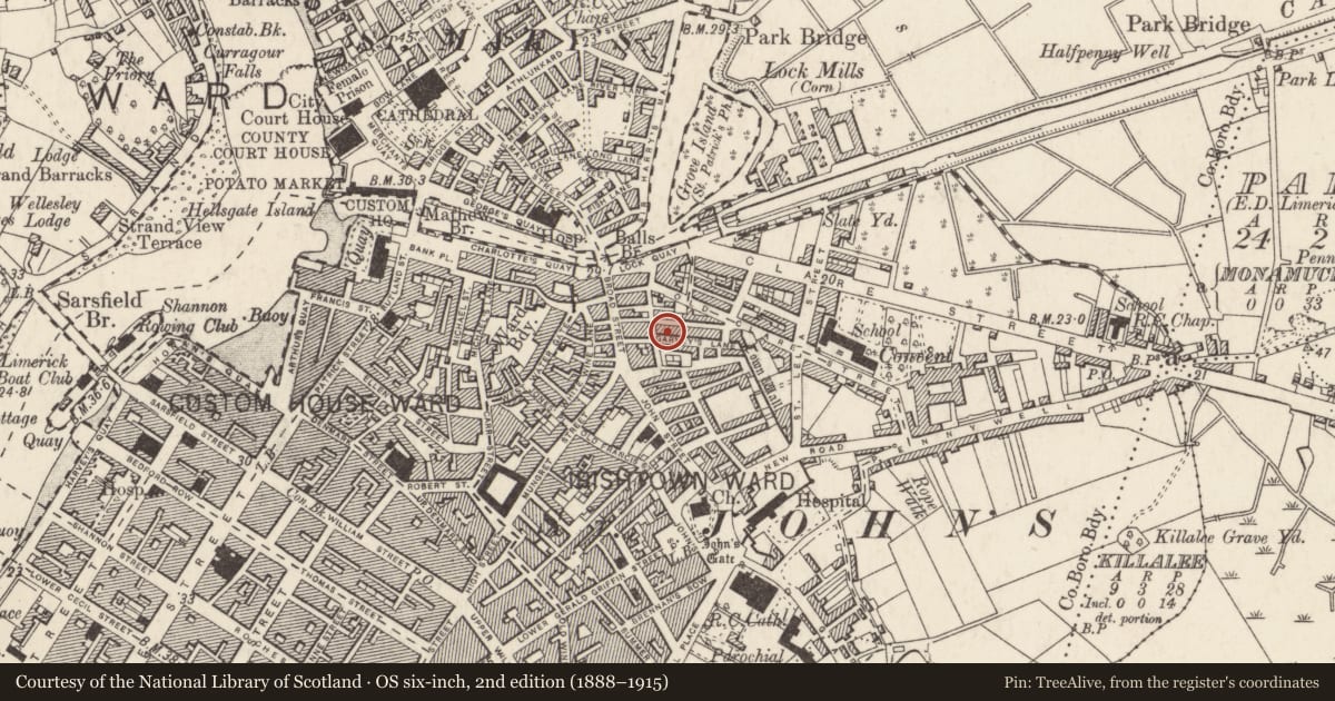 Ordnance Survey six-inch map, 2nd edition (1888–1915) covering the location of House - 16th century, Irishtown, Limerick City, County Limerick, with a pin at the register's coordinates