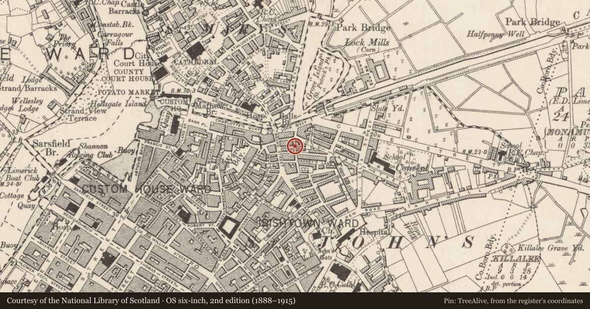 Ordnance Survey six-inch map, 2nd edition (1888–1915) covering the location of House - indeterminate date, Irishtown, Limerick City, County Limerick, with a pin at the register's coordinates