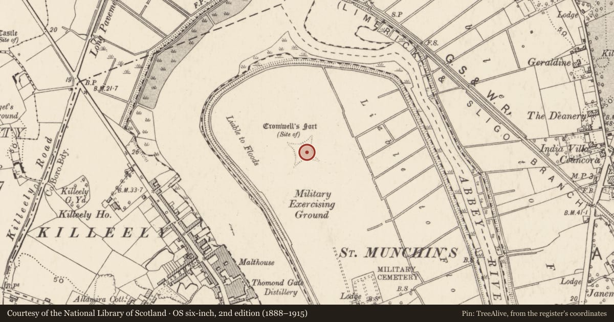 Ordnance Survey six-inch map, 2nd edition (1888–1915) covering the location of Bastioned fort, Limerick City, County Limerick, with a pin at the register's coordinates