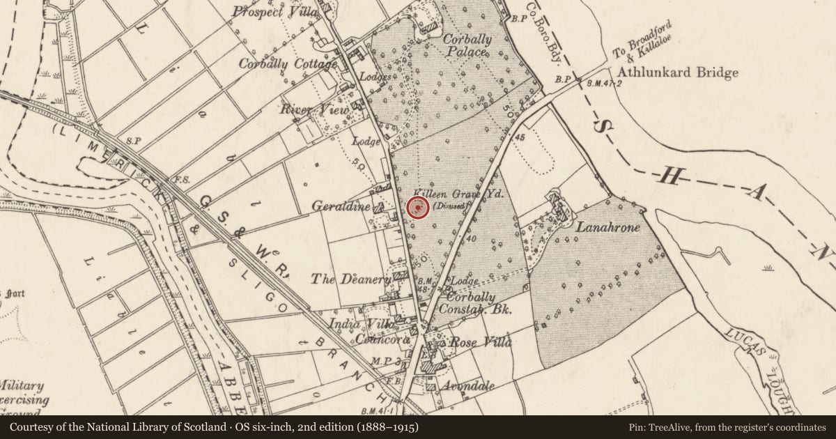 Ordnance Survey six-inch map, 2nd edition (1888–1915) covering the location of Burial ground, Corbally (Limerick Municipal Borough), County Limerick, with a pin at the register's coordinates