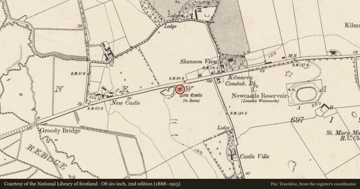 Ordnance Survey six-inch map, 2nd edition (1888–1915) covering the location of House - fortified house, Newcastle, County Limerick, with a pin at the register's coordinates