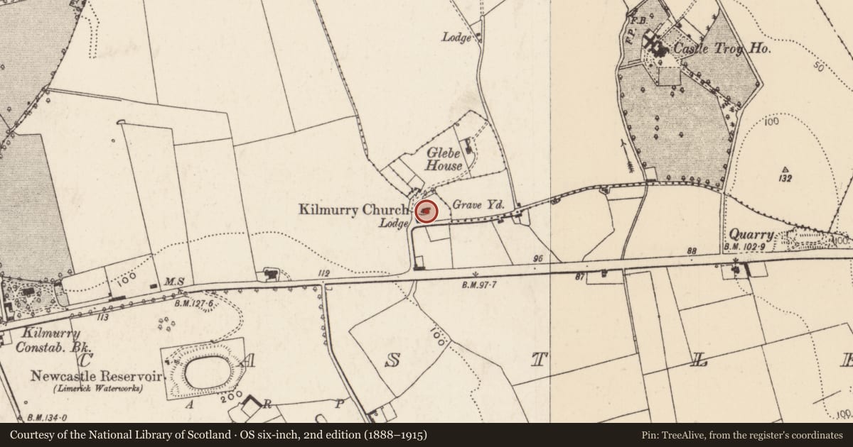 Ordnance Survey six-inch map, 2nd edition (1888–1915) covering the location of Church, Newcastle, County Limerick, with a pin at the register's coordinates