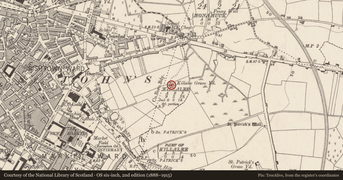 Ordnance Survey six-inch map, 2nd edition (1888–1915) covering the location of Church, Killalee, County Limerick, with a pin at the register's coordinates