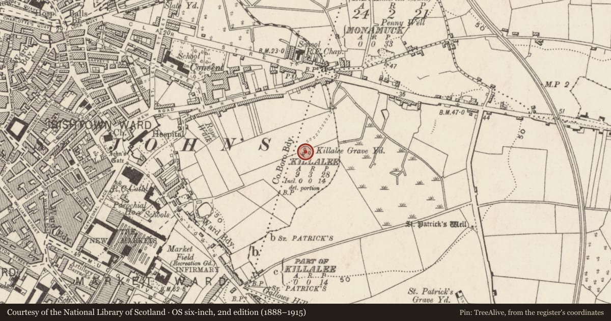 Ordnance Survey six-inch map, 2nd edition (1888–1915) covering the location of Graveyard, Killalee, County Limerick, with a pin at the register's coordinates