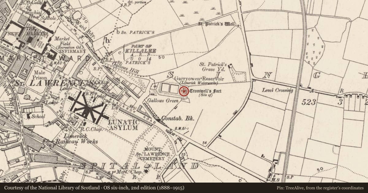 Ordnance Survey six-inch map, 2nd edition (1888–1915) covering the location of Bastioned fort, Singland, County Limerick, with a pin at the register's coordinates