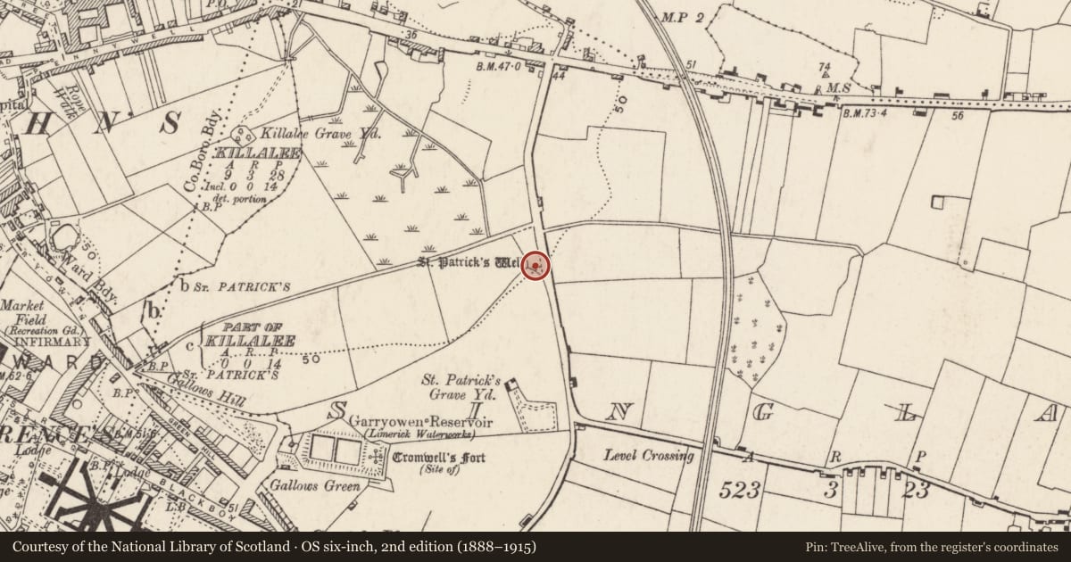 Ordnance Survey six-inch map, 2nd edition (1888–1915) covering the location of Ritual site - holy well, Singland, County Limerick, with a pin at the register's coordinates