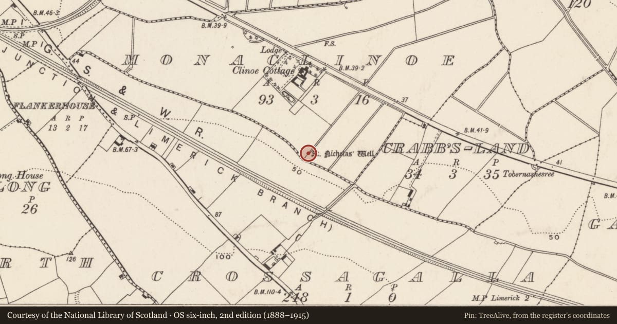Ordnance Survey six-inch map, 2nd edition (1888–1915) covering the location of Ritual site - holy well, Monaclinoe, County Limerick, with a pin at the register's coordinates