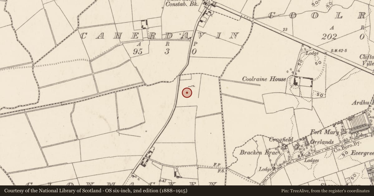 Ordnance Survey six-inch map, 2nd edition (1888–1915) covering the location of Enclosure, Clonmacken, County Limerick, with a pin at the register's coordinates