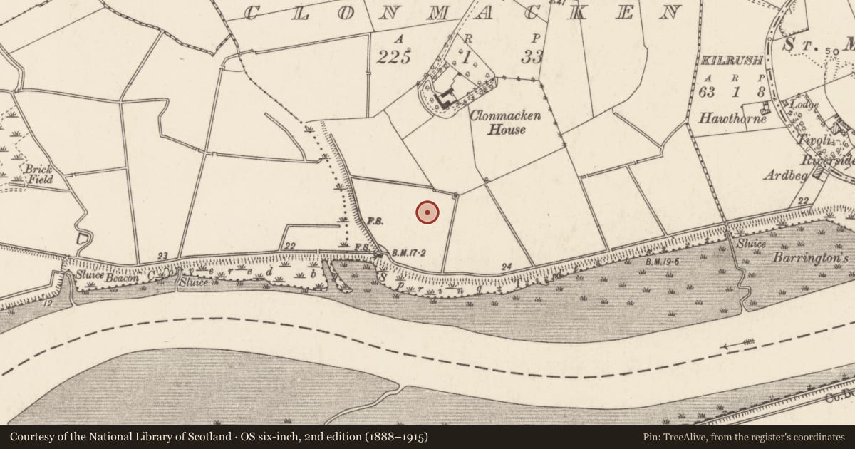 Ordnance Survey six-inch map, 2nd edition (1888–1915) covering the location of Enclosure, Clonmacken, County Limerick, with a pin at the register's coordinates