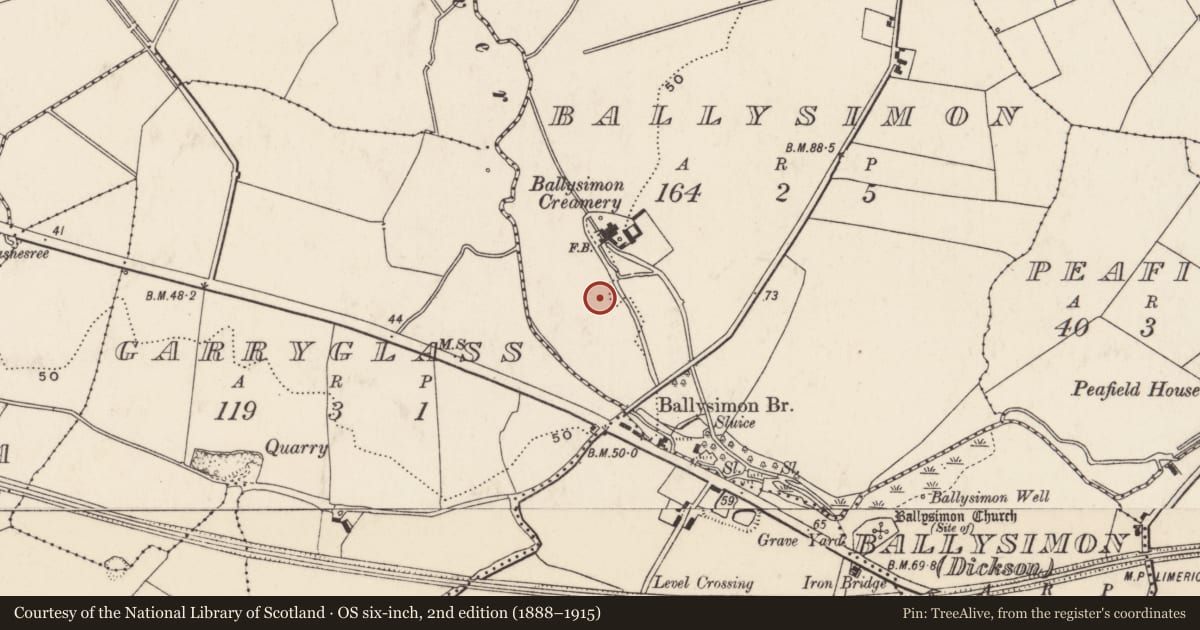 Ordnance Survey six-inch map, 2nd edition (1888–1915) covering the location of Enclosure, Ballysimon, County Limerick, with a pin at the register's coordinates