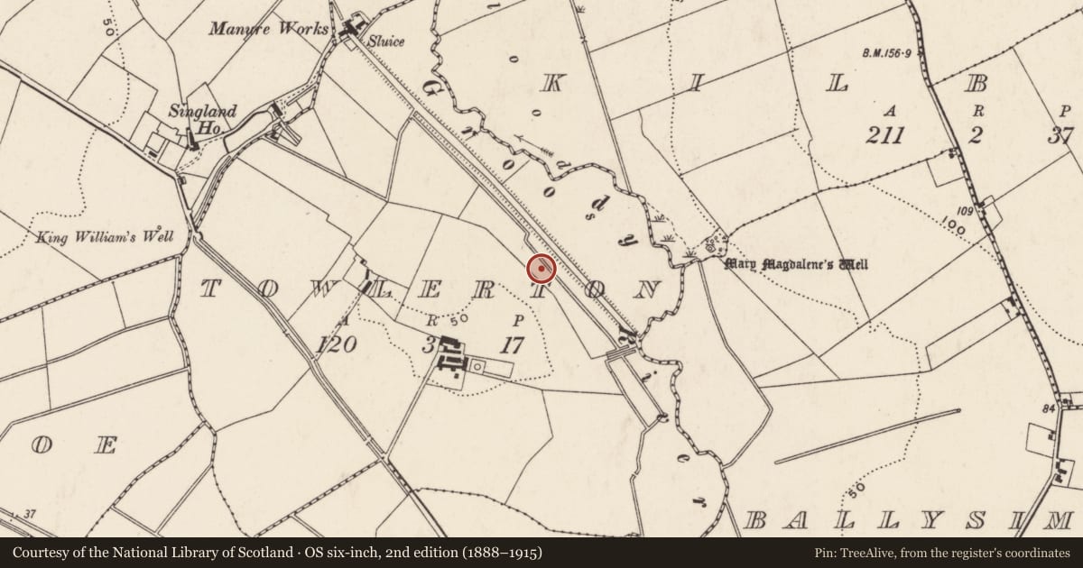 Ordnance Survey six-inch map, 2nd edition (1888–1915) covering the location of Fulacht fia, Towlerton, County Limerick, with a pin at the register's coordinates
