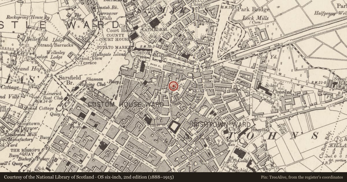 Ordnance Survey six-inch map, 2nd edition (1888–1915) covering the location of Church, Limerick City, County Limerick, with a pin at the register's coordinates