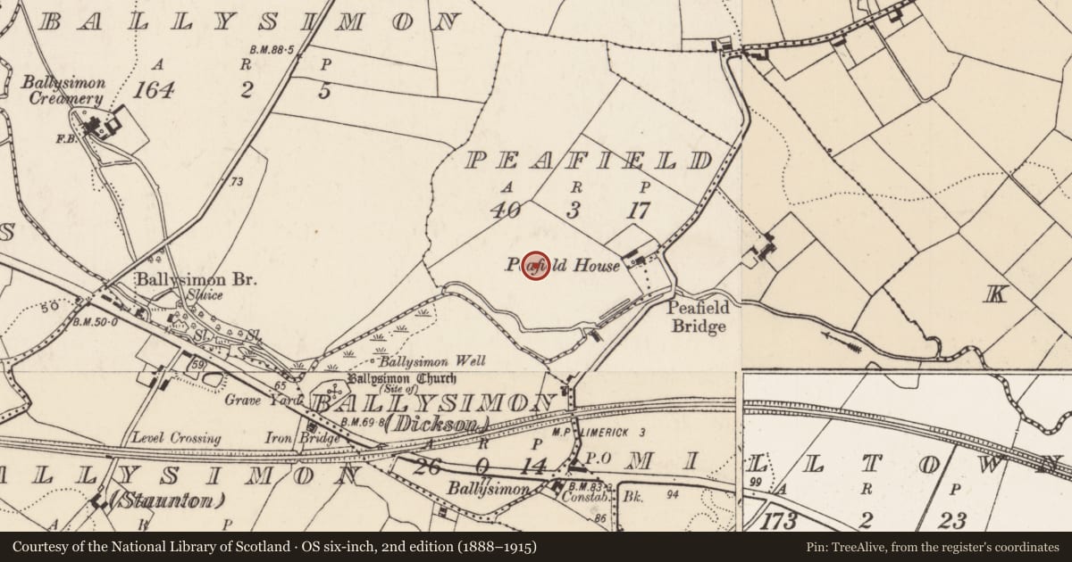Ordnance Survey six-inch map, 2nd edition (1888–1915) covering the location of Flat cemetery, Peafield, County Limerick, with a pin at the register's coordinates