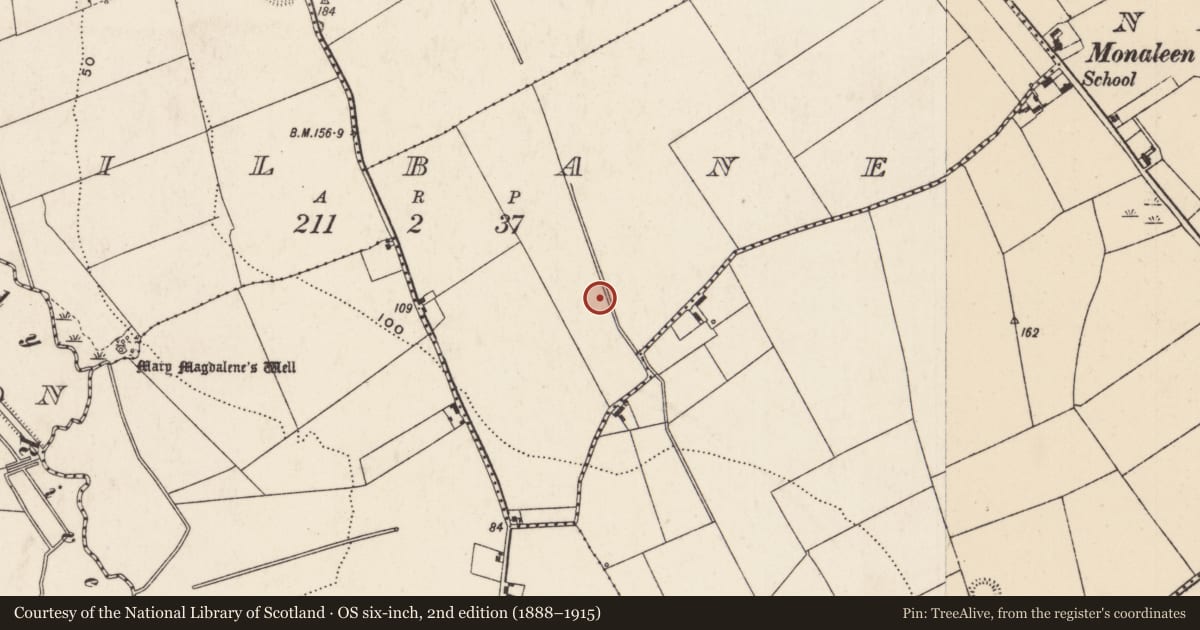 Ordnance Survey six-inch map, 2nd edition (1888–1915) covering the location of Fulacht fia, Kilbane, County Limerick, with a pin at the register's coordinates