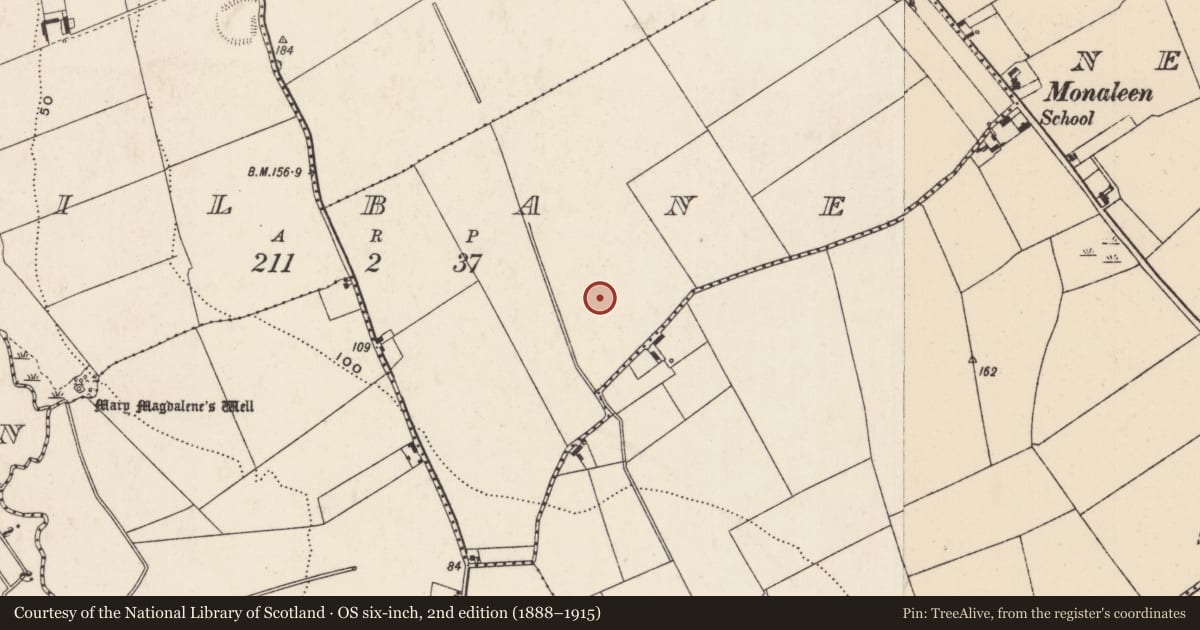 Ordnance Survey six-inch map, 2nd edition (1888–1915) covering the location of Fulacht fia, Kilbane, County Limerick, with a pin at the register's coordinates