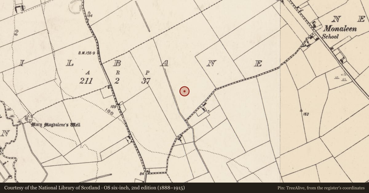 Ordnance Survey six-inch map, 2nd edition (1888–1915) covering the location of Fulacht fia, Kilbane, County Limerick, with a pin at the register's coordinates