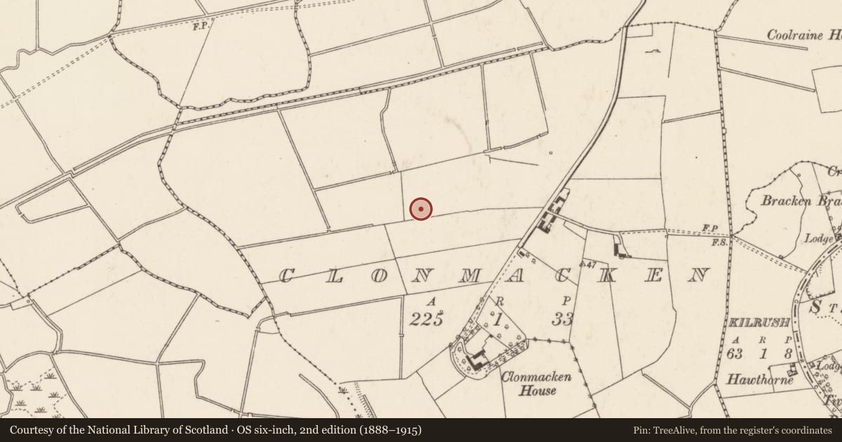 Ordnance Survey six-inch map, 2nd edition (1888–1915) covering the location of Cremation pit, Clonmacken, County Limerick, with a pin at the register's coordinates