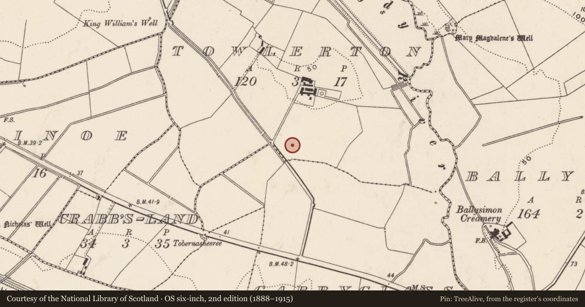 Ordnance Survey six-inch map, 2nd edition (1888–1915) covering the location of Excavation - miscellaneous, Towlerton, County Limerick, with a pin at the register's coordinates