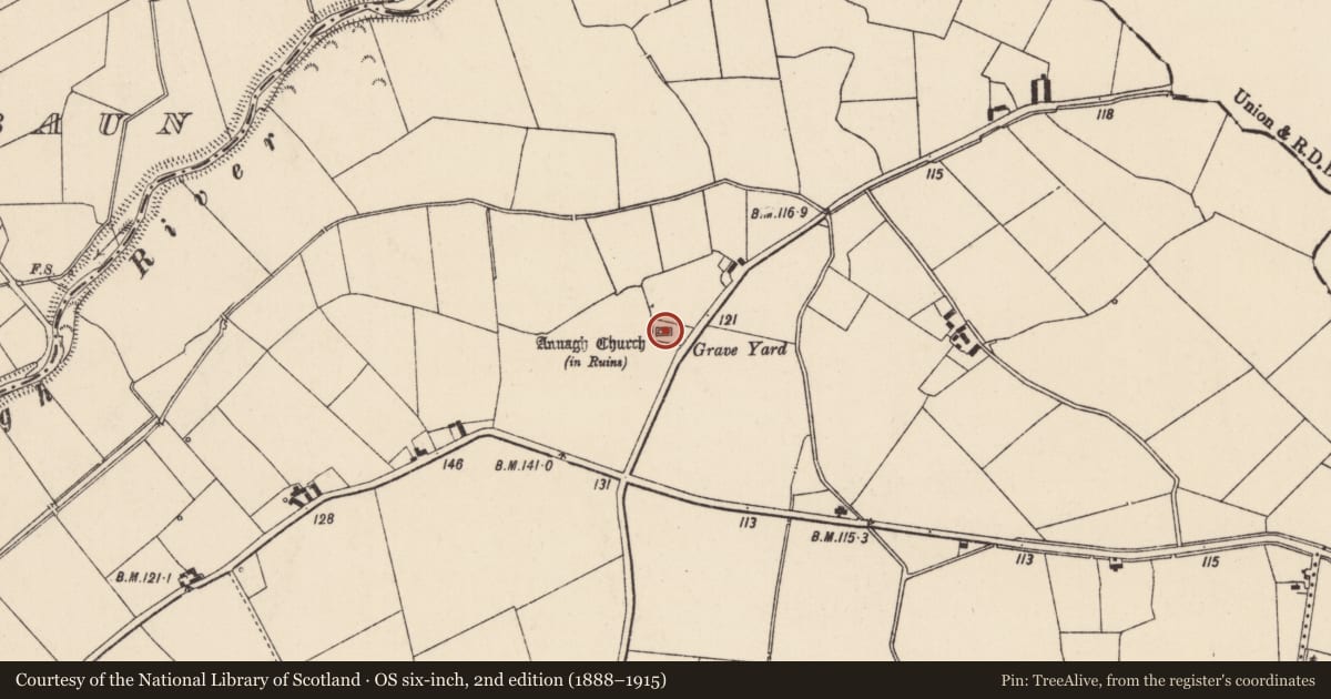 Ordnance Survey six-inch map, 2nd edition (1888–1915) covering the location of Church, Annagh, County Limerick, with a pin at the register's coordinates