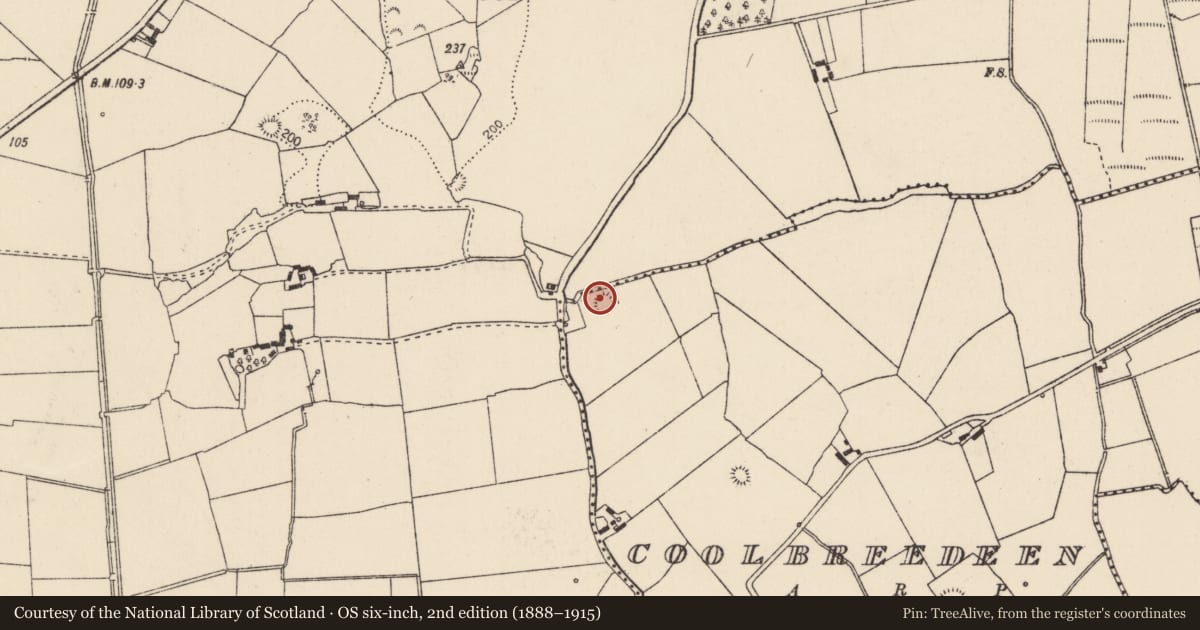 Ordnance Survey six-inch map, 2nd edition (1888–1915) covering the location of Enclosure, Coolbreedeen, County Limerick, with a pin at the register's coordinates