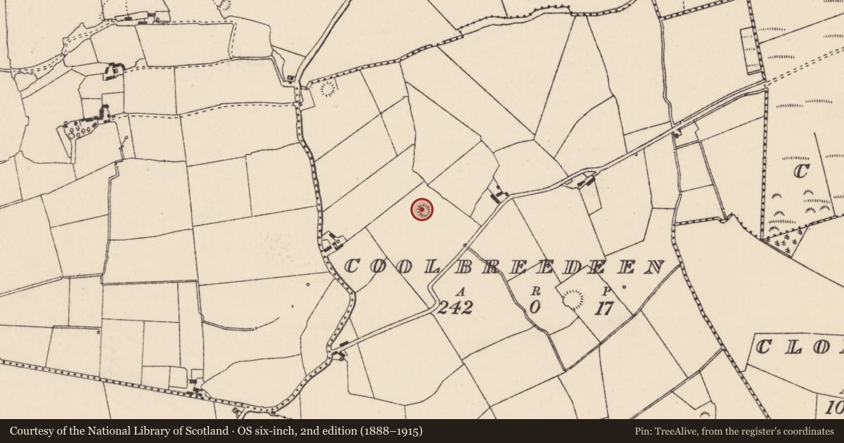 Ordnance Survey six-inch map, 2nd edition (1888–1915) covering the location of Barrow - ring-barrow, Coolbreedeen, County Limerick, with a pin at the register's coordinates