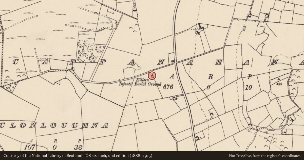 Ordnance Survey six-inch map, 2nd edition (1888–1915) covering the location of Children's burial ground, Cappanahanagh, County Limerick, with a pin at the register's coordinates