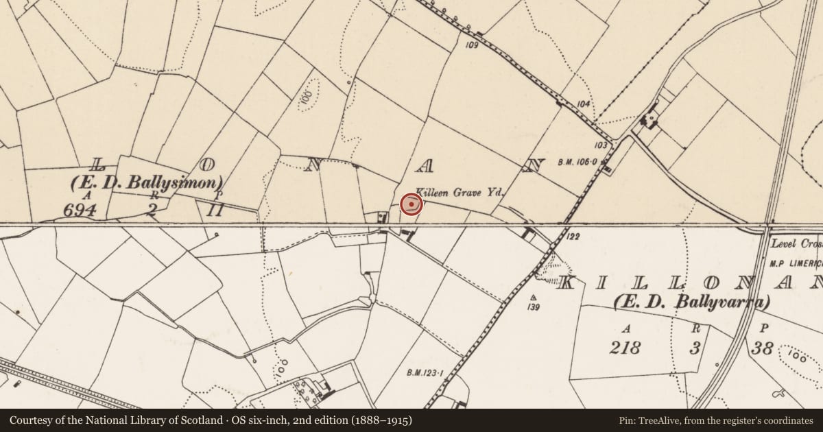 Ordnance Survey six-inch map, 2nd edition (1888–1915) covering the location of Church, Killonan, County Limerick, with a pin at the register's coordinates