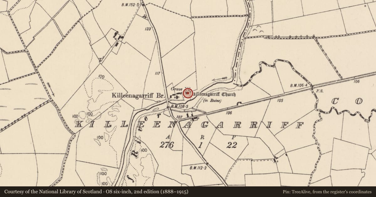 Ordnance Survey six-inch map, 2nd edition (1888–1915) covering the location of Church, Killeenagarriff, County Limerick, with a pin at the register's coordinates