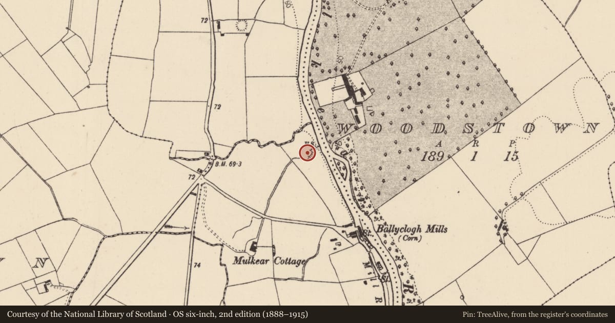 Ordnance Survey six-inch map, 2nd edition (1888–1915) covering the location of Enclosure, Ballyclogh, County Limerick, with a pin at the register's coordinates