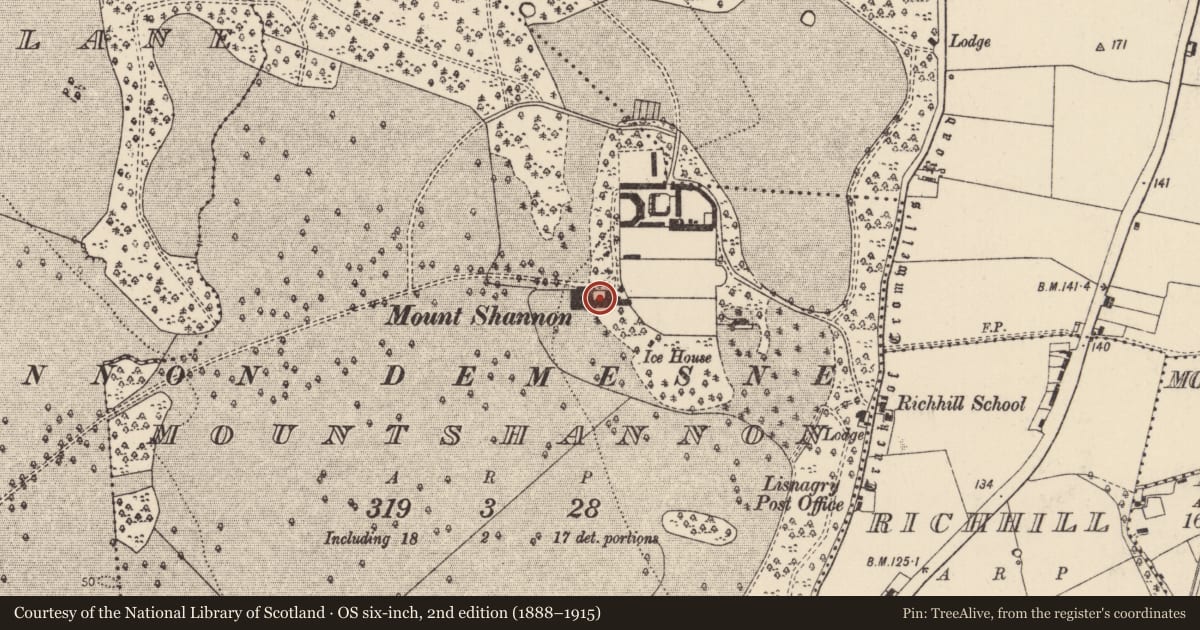 Ordnance Survey six-inch map, 2nd edition (1888–1915) covering the location of Country house, Mountshannon, County Limerick, with a pin at the register's coordinates