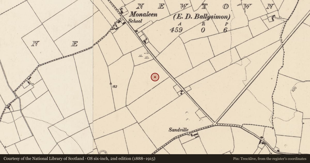 Ordnance Survey six-inch map, 2nd edition (1888–1915) covering the location of Fulacht fia, Newtown, County Limerick, with a pin at the register's coordinates