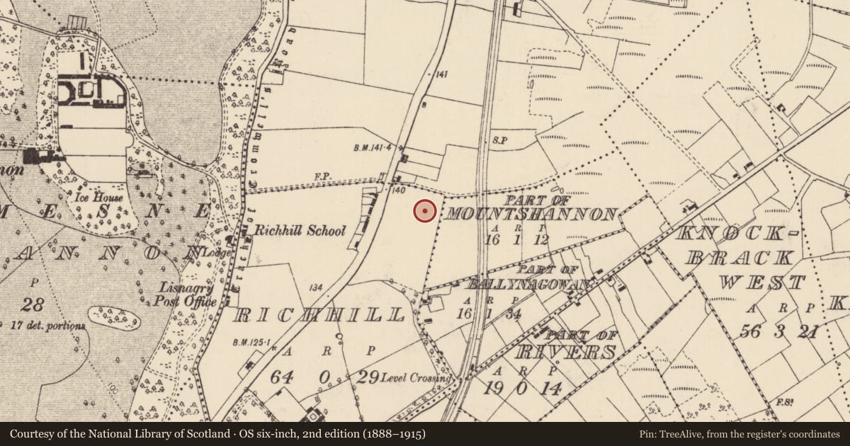 Ordnance Survey six-inch map, 2nd edition (1888–1915) covering the location of Fulacht fia, Rich Hill, County Limerick, with a pin at the register's coordinates