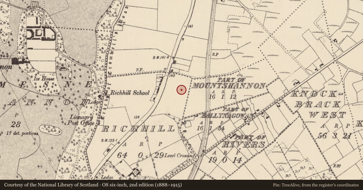 Ordnance Survey six-inch map, 2nd edition (1888–1915) covering the location of Fulacht fia, Rich Hill, County Limerick, with a pin at the register's coordinates